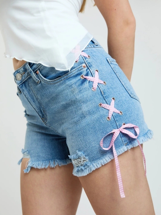 YMI Pants - YMI Light Blue Denim Shorts with Pink Gingham Lace-Up Size 7/25 $18